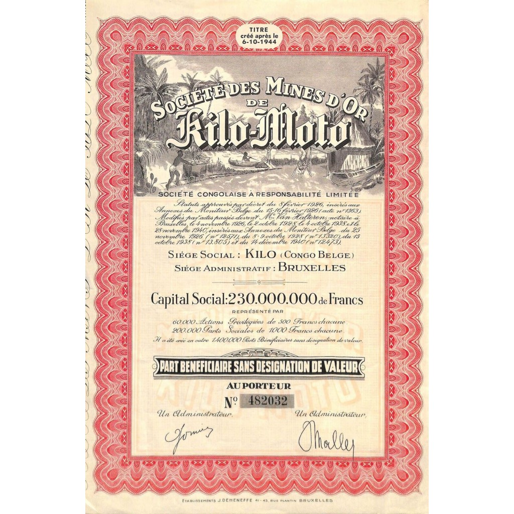 1944 - MINES D'OR DE KILO-MOTO SOC. DES - PART...