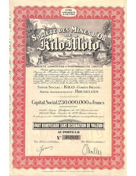1944 - MINES D'OR DE KILO-MOTO SOC. DES - PART BENEFIC.