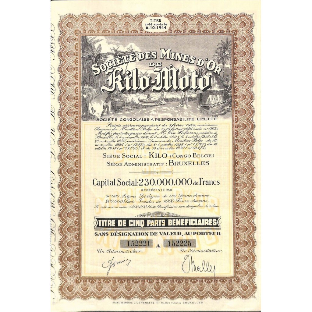 1944 - MINES D'OR DE KILO-MOTO SOC. DES - TITRE...