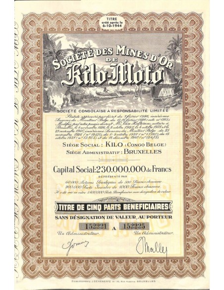 1944 - MINES D'OR DE KILO-MOTO SOC. DES - TITRE DE 5 PARTS BENEF.