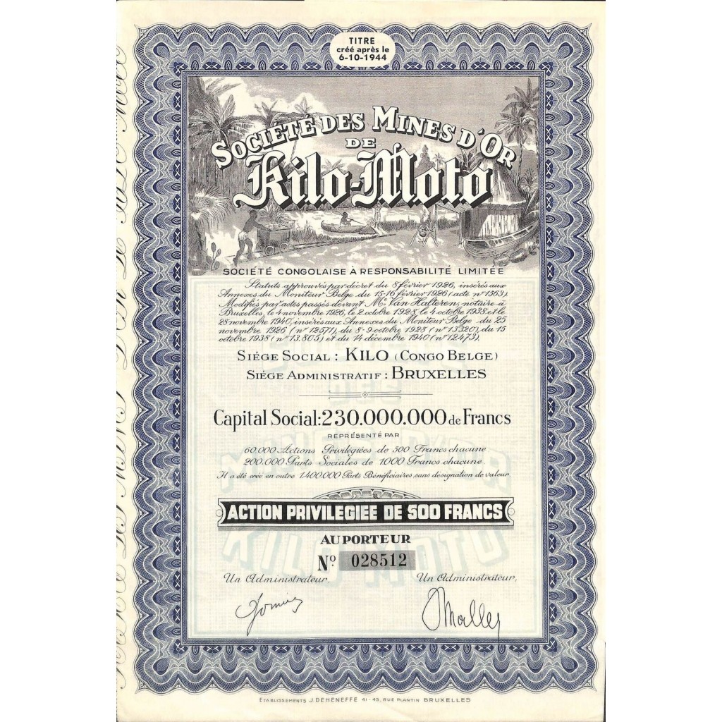 1944 - MINES D'OR DE KILO-MOTO SOC. DES -...