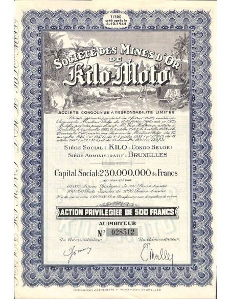 1944 - MINES D'OR DE KILO-MOTO SOC. DES - ACTION PRIVIL.