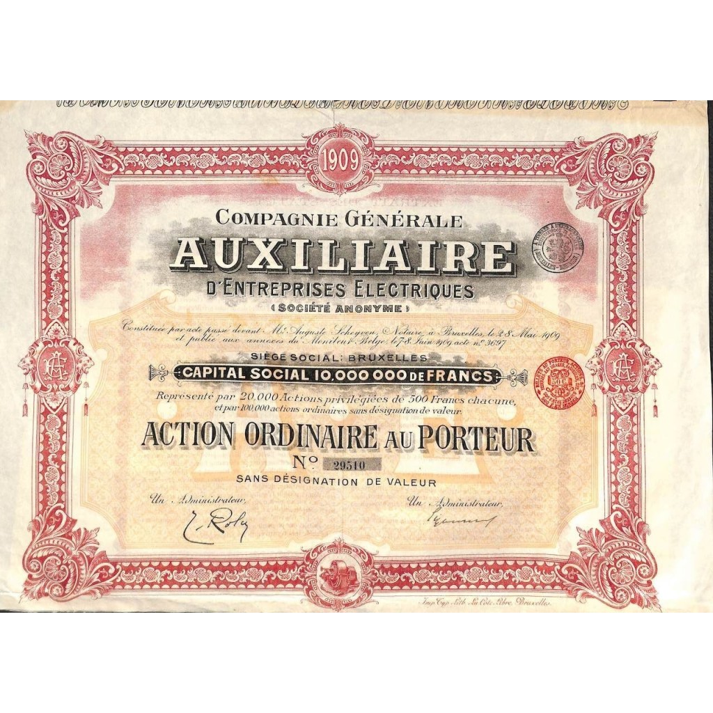 1909 - AUXILIAIRE D'ENTREPRISES ELECTRIQUES...