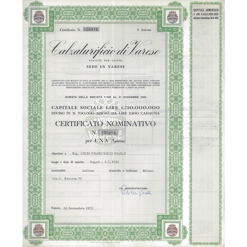 CALZATURIFICIO VARESE - UNA AZIONE VARESE 1973