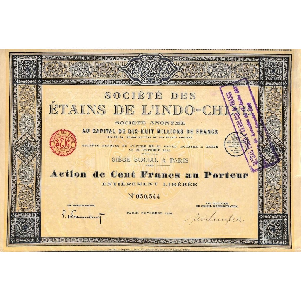 1926 - ETAINS DE L'INDO-CHINE SOC. DES