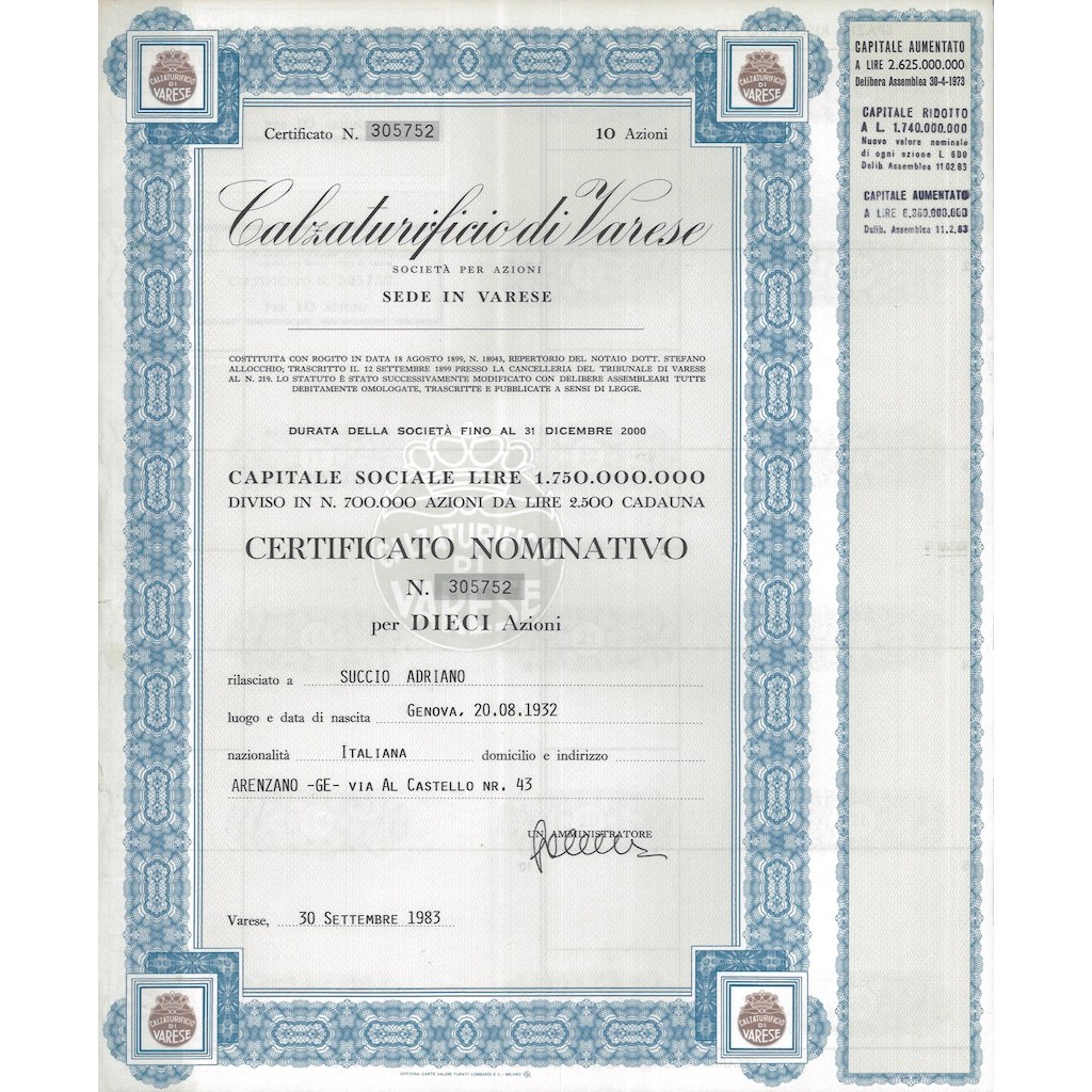 CALZATURIFICIO VARESE - 10 AZIONi VARESE 1973