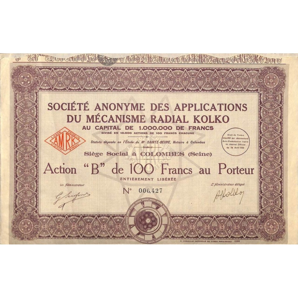 1930 - APPLICATIONS DU MECANISME RADIAL KOLKO SOC. ANON. DES