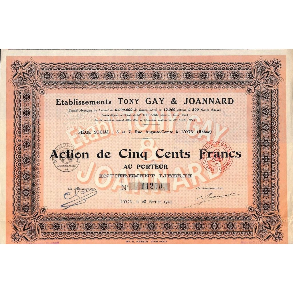 1923 - ETABLISSEMENTS TONY GAY ET JOANNARD