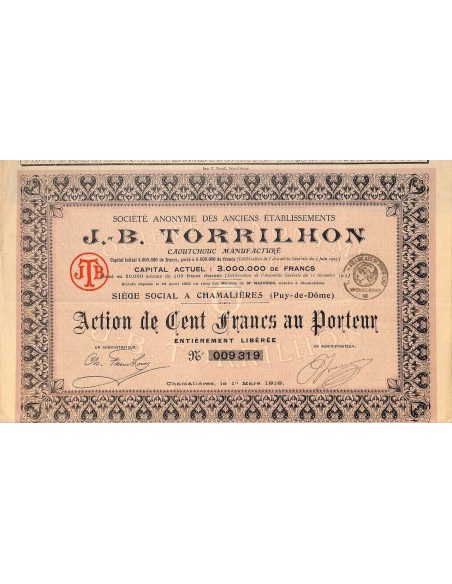 1916 - J. B. TORRILHON SOC. ANON. DES ANCIENS ETABLISSEMENTS (CAP. SOC. 3.000.000 DE FR.)