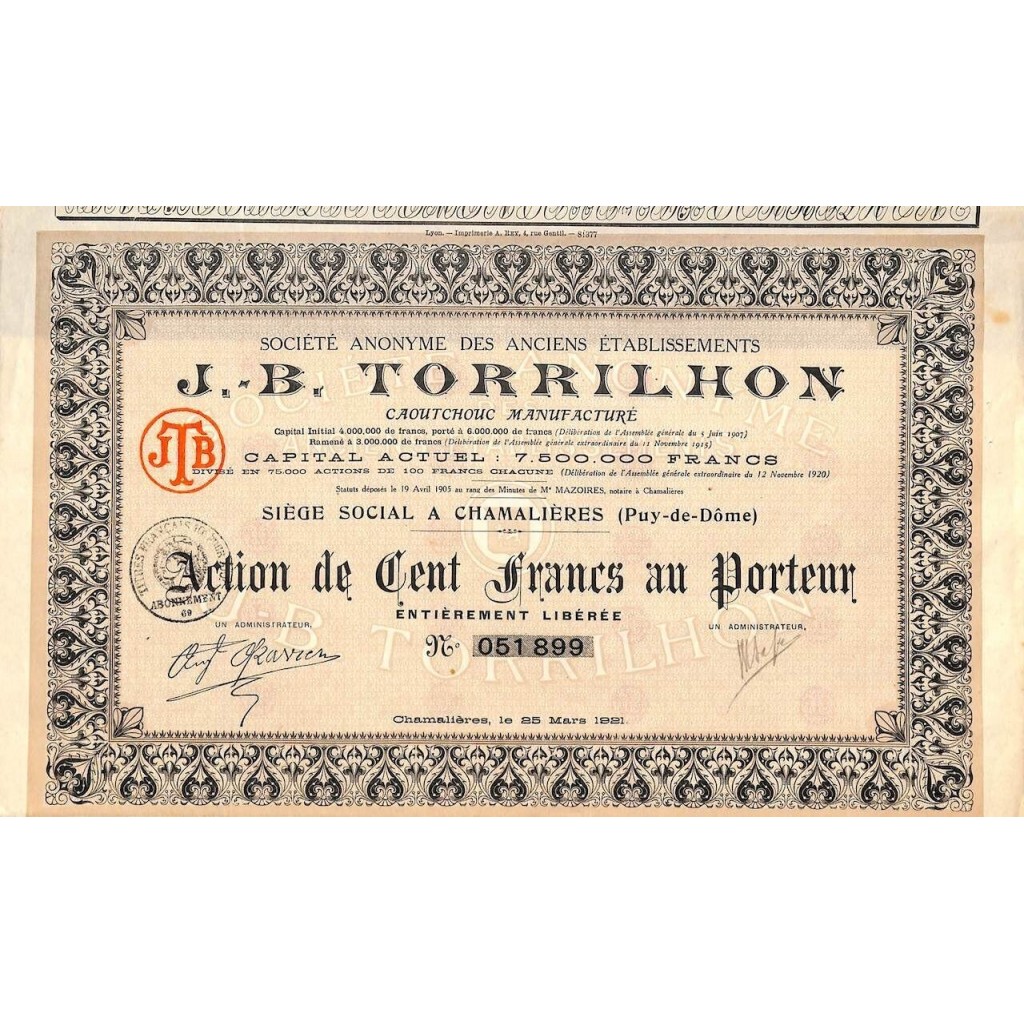 1921 - J. B. TORRILHON SOC. ANON. DES ANCIENS ETABLISSEMENTS (CAP. SOC. 7.500.000 FR.)