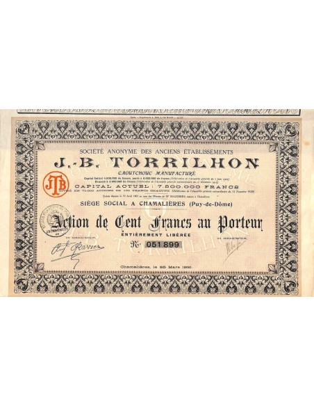 1921 - J. B. TORRILHON SOC. ANON. DES ANCIENS ETABLISSEMENTS (CAP. SOC. 7.500.000 FR.)