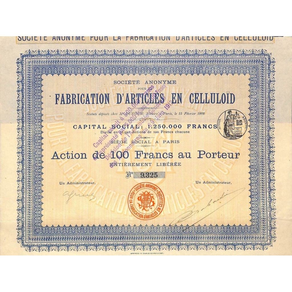 1908 - FABRICATION D'ARTICLES EN CELLULOID