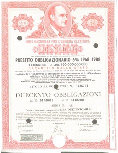 1968 - ENEL (ENRICO FERMI) 200 OBBLIGAZIONI 6% 1968-1988...