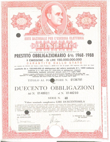 1968 - ENEL (ENRICO FERMI) 200 OBBLIGAZIONI 6% 1968-1988 - ROMA