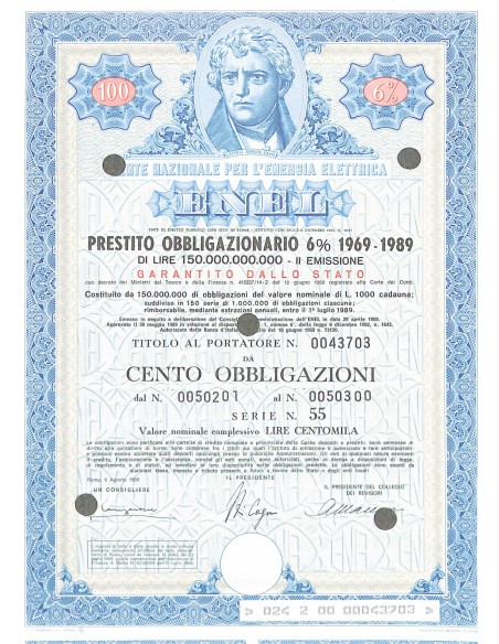 1969 - ENEL (GEORGE SIMON OHM) 100 OBBLIGAZIONI 6% 1969-1989 - ROMA