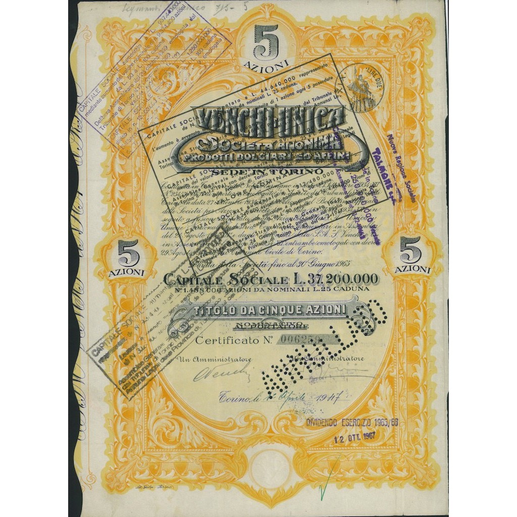 VENCHI UNICA SOC. ANONIMA PRODOTTI DOLCIARI ED AFFINI - 5 AZIONI 1947 TORINO