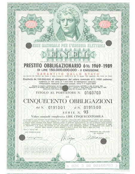 1969 - ENEL (GEORGE SIMON OHM) 500 OBBLIGAZIONI 6% 1969-1989 - ROMA