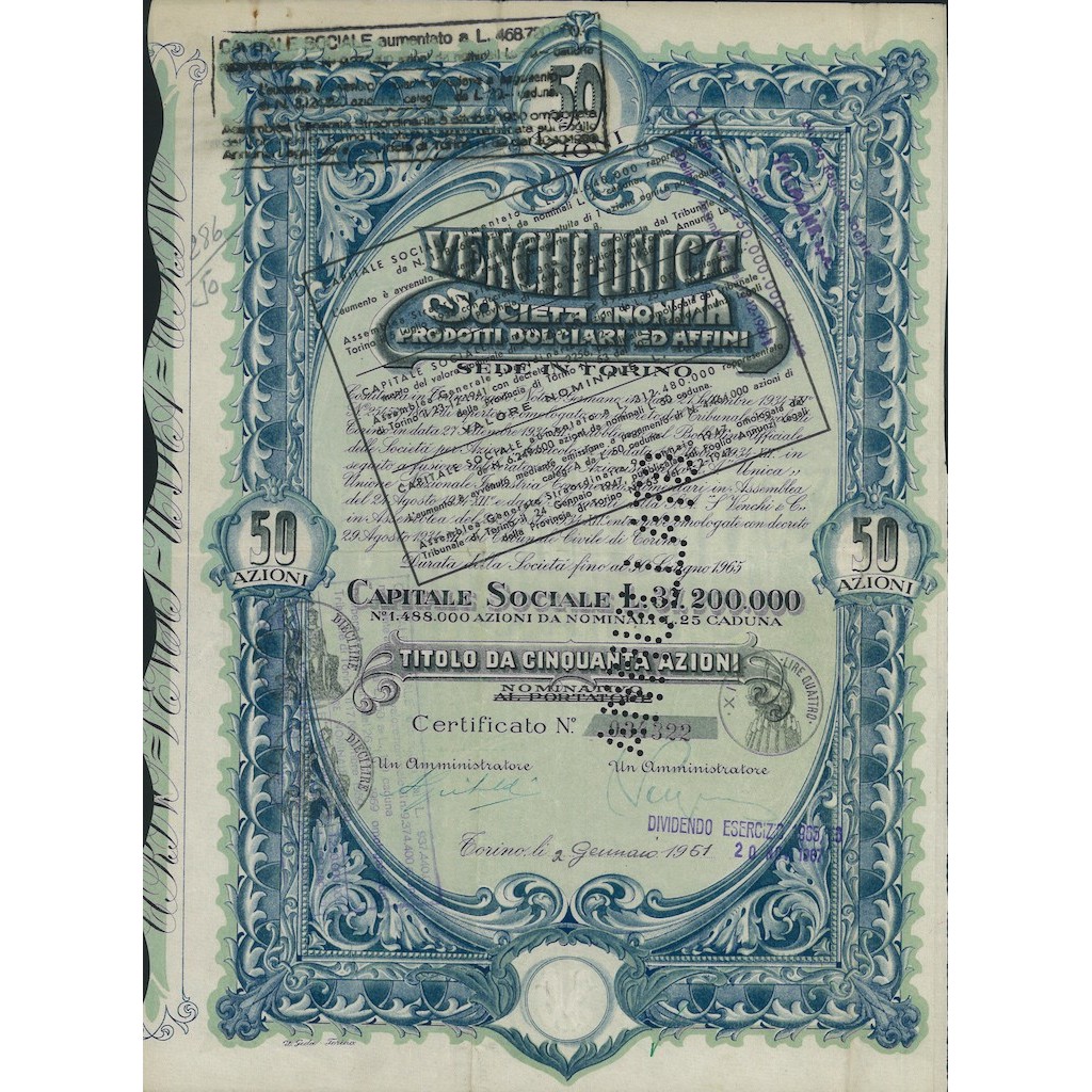 VENCHI UNICA SOC. ANON. PRODOTTI DOLCIARI ED AFFINI - 50 AZIONI 1947 TORINO