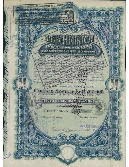 VENCHI UNICA SOC. ANON. PRODOTTI DOLCIARI ED AFFINI - 50 AZIONI 1947 TORINO