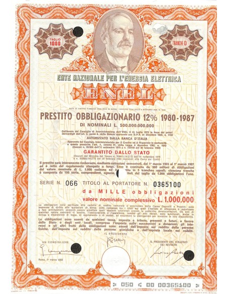 1980 - ENEL (ERNEST RUTHERFORD) 1000 OBBLIGAZIONI 12% 1980-1987 - ROMA