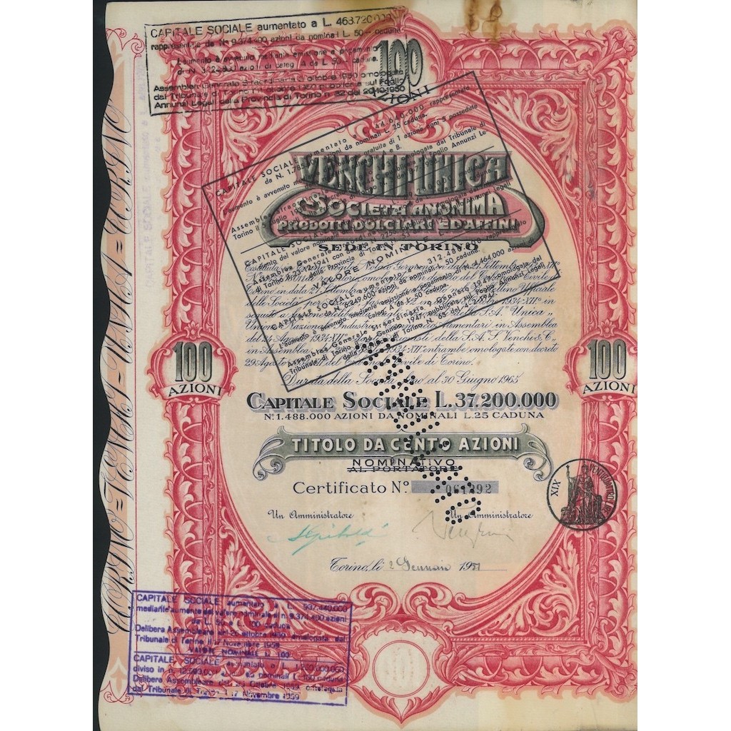 VENCHI UNICA SOC. ANON. PRODOTTI DOLCIARI ED AFFINI - 100 AZIONI 1951 TORINO