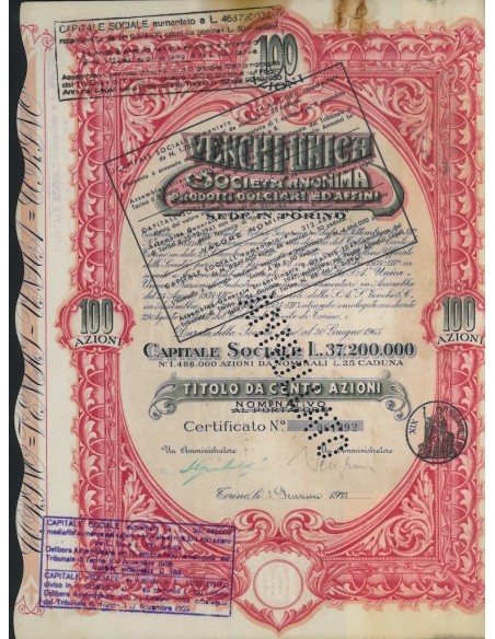 VENCHI UNICA SOC. ANON. PRODOTTI DOLCIARI ED AFFINI - 100 AZIONI 1951 TORINO