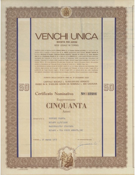 VENCHI UNICA SOC. PER AZIONI - 50 AZIONI TORINO 1975
