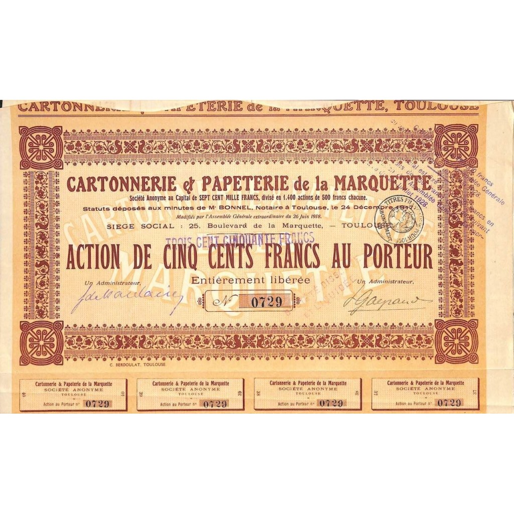 1928 - CARTONNERIE ET PAPETERIE DE LA MARQUETTE