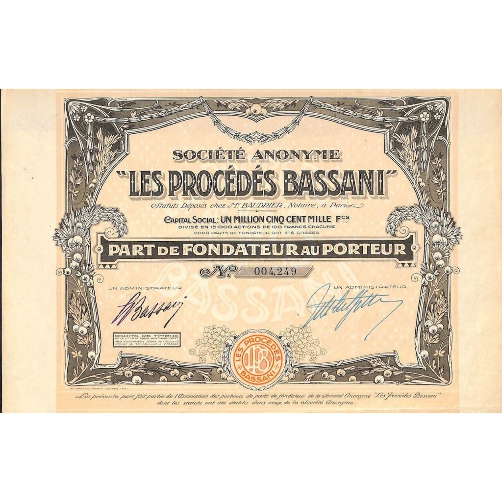 1922 - LES PROCEDES BASSANI SOC. ANON.