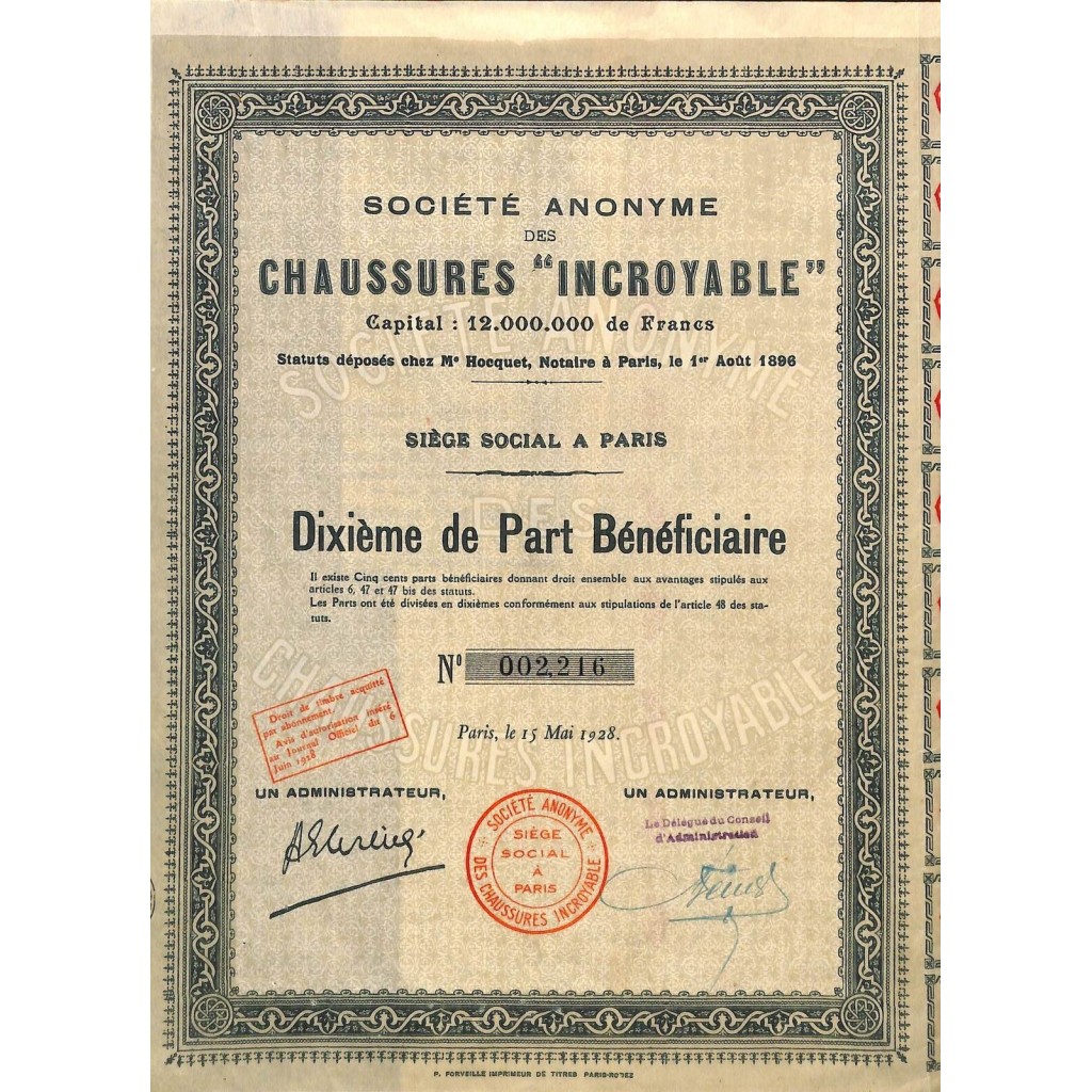 1928 - CHAUSSURES INCROYABLE SOC. ANON.