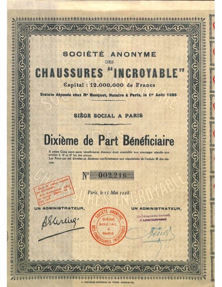 1928 - CHAUSSURES INCROYABLE SOC. ANON.