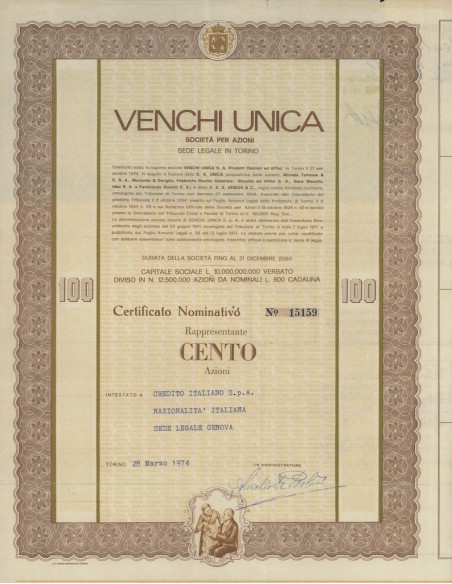 VENCHI UNICA SOC. PER AZIONI - 100 AZIONI TORINO 1975