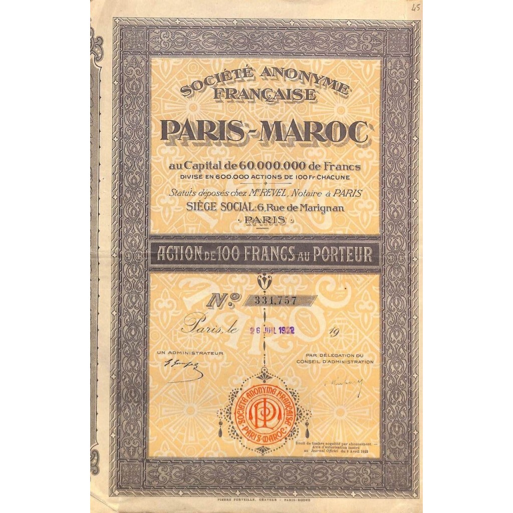 1922 - PARIS-MAROC SOC. ANON. FRANCAISE