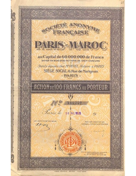 1922 - PARIS-MAROC SOC. ANON. FRANCAISE