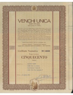 VENCHI UNICA SOC. PER AZIONI - 500 AZIONI TORINO 1974
