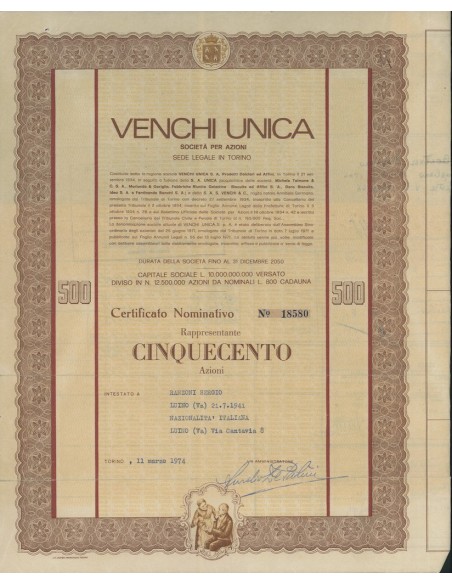 VENCHI UNICA SOC. PER AZIONI - 500 AZIONI TORINO 1974