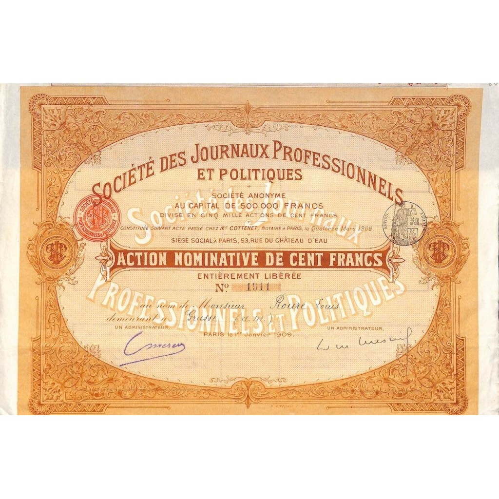 1909 - JOURNAUX PROFESSIONNELS ET POLITIQUES SOC. DES