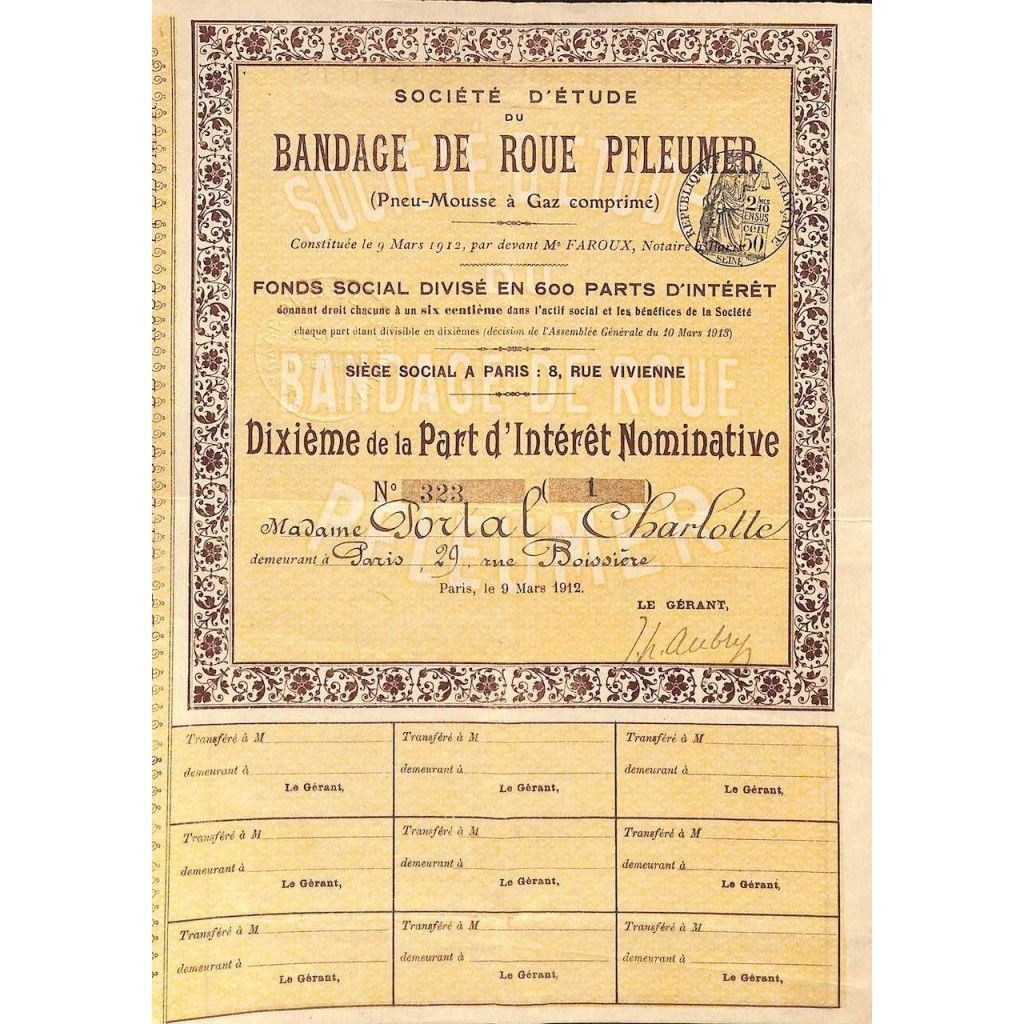 1912 - BANDAGE DE ROUE PFLEUMER SOC. D'ETUDE DU