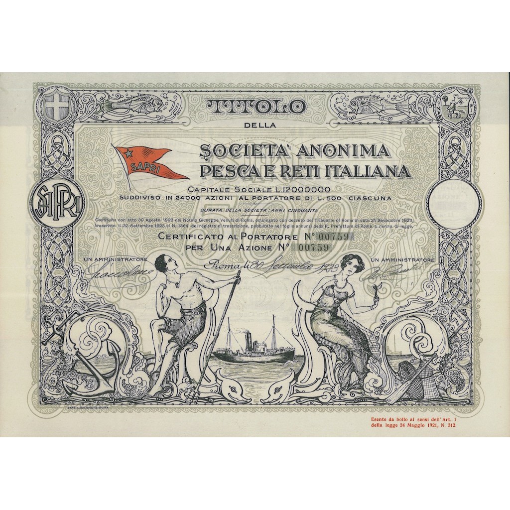 SOC. ANONIMA PESCA E RETI ITALIANA - 1 AZIONE ROMA 1923
