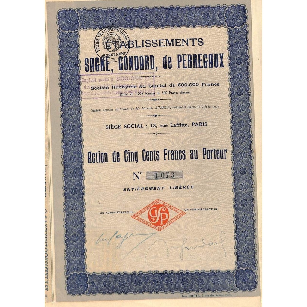 1921 - ETABLISSEMENTS SAGNE, GONDARD, DE PERREGAUX