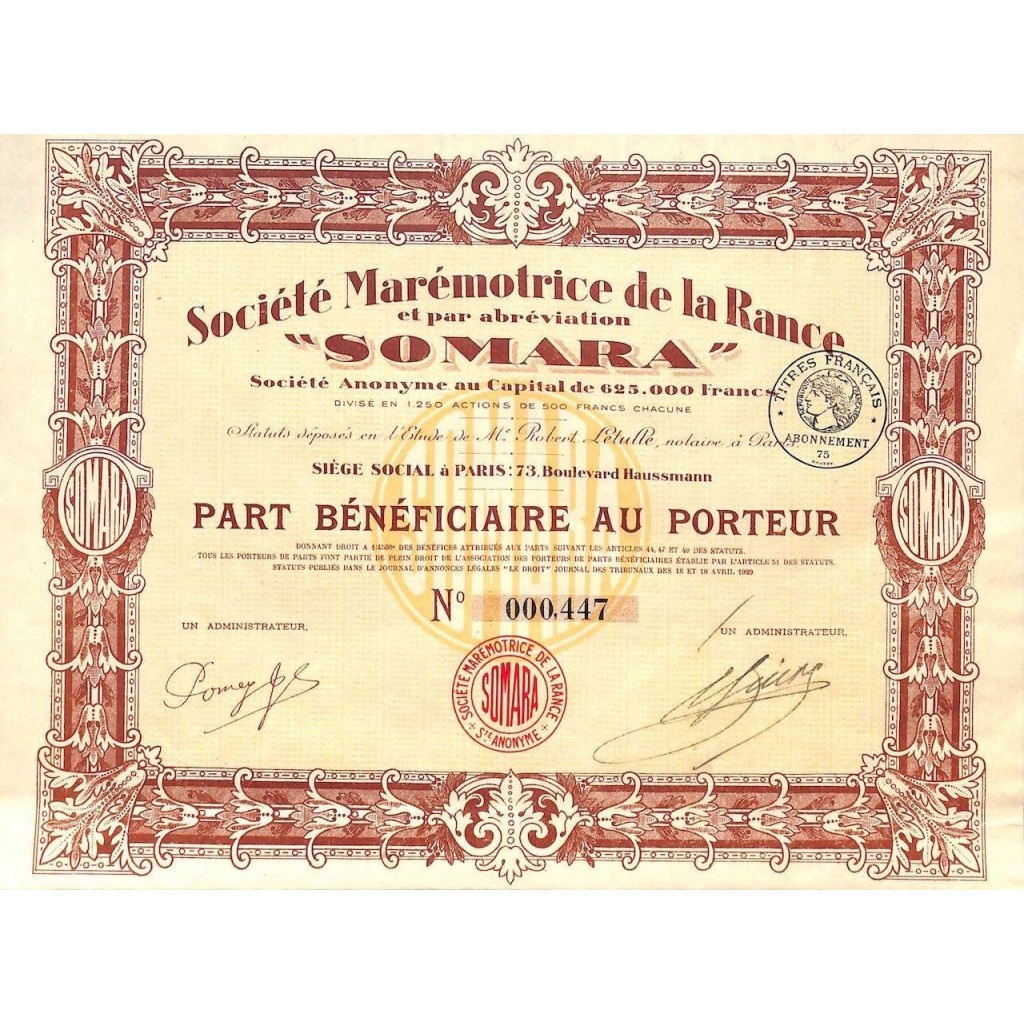 1929 - SOMARA - SOC. MAREMOTRICE DE LA RANCE