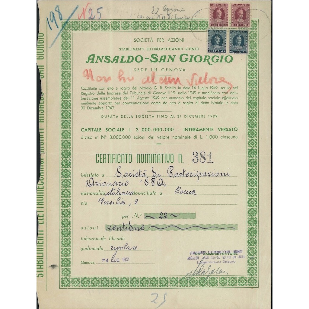 ANSALDO - SAN GIORGIO 22 AZIONI GENOVA 1951
