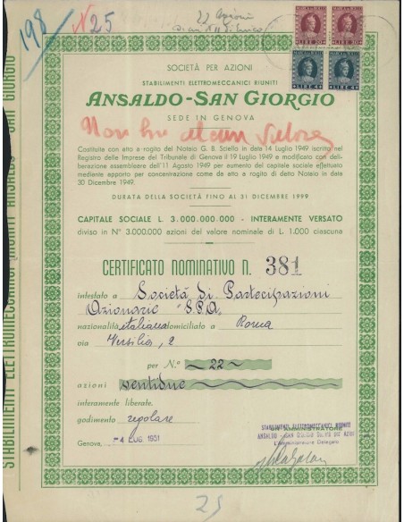ANSALDO - SAN GIORGIO 22 AZIONI GENOVA 1951