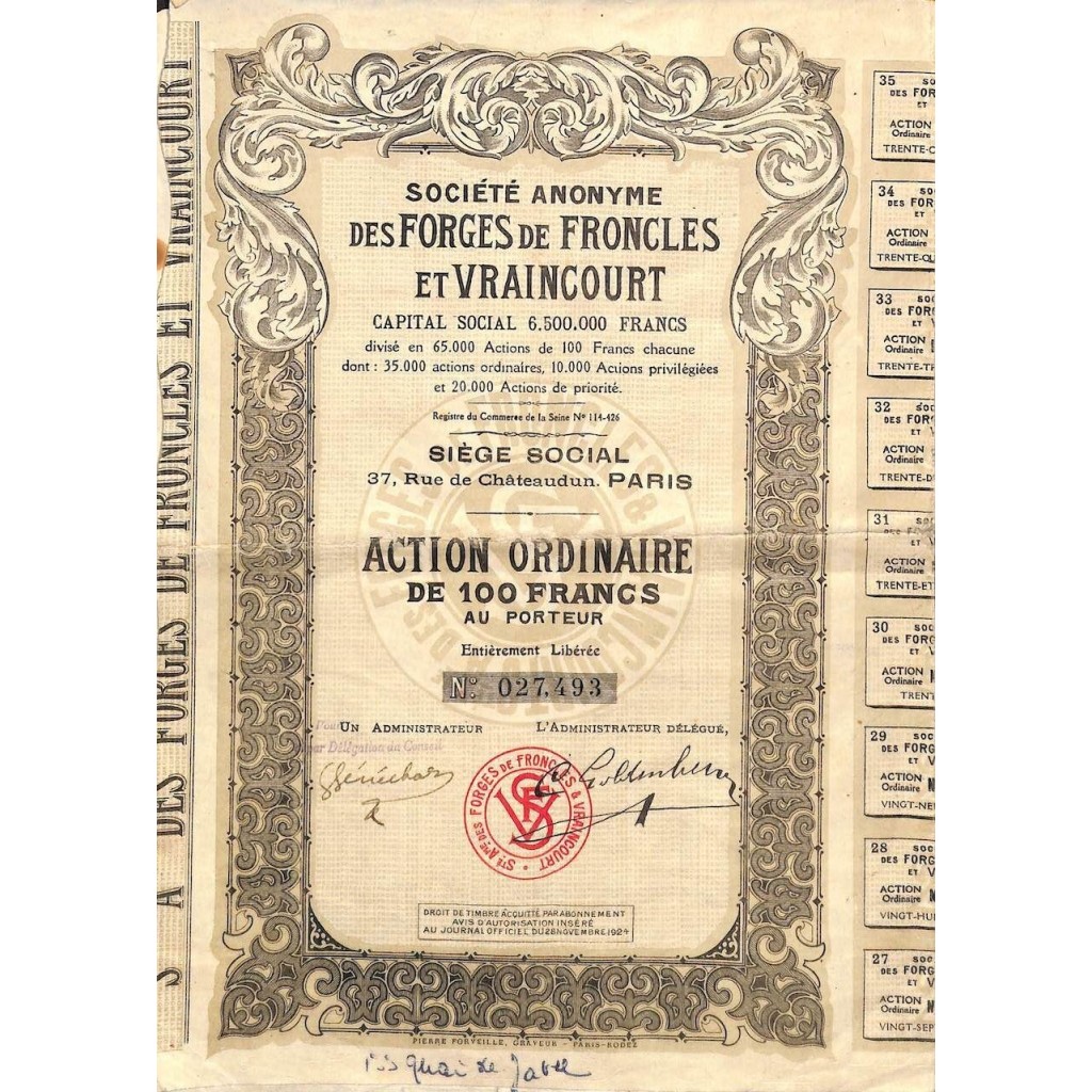 1924 - FORGES DE FRONCLES ET VRAINCOURT SOC. ANON. DES
