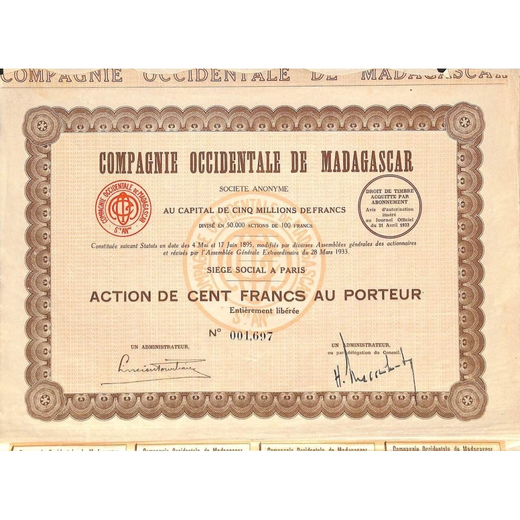 1933 - COMPAGNIE OCCIDENTALE DE MADAGASCAR
