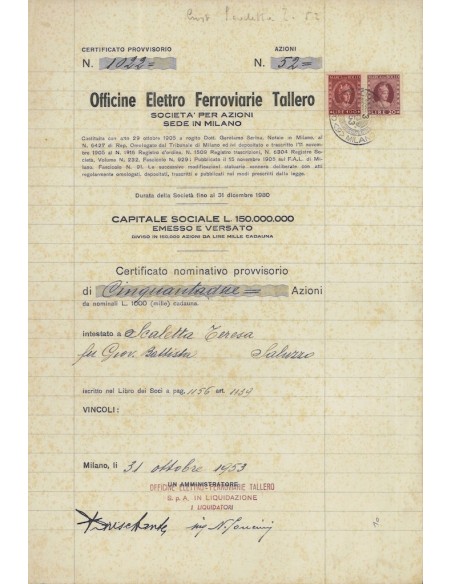 OFFICINE ELETTRO FERROVIARIE TALLERO - 52 AZIONI MILANO 1953