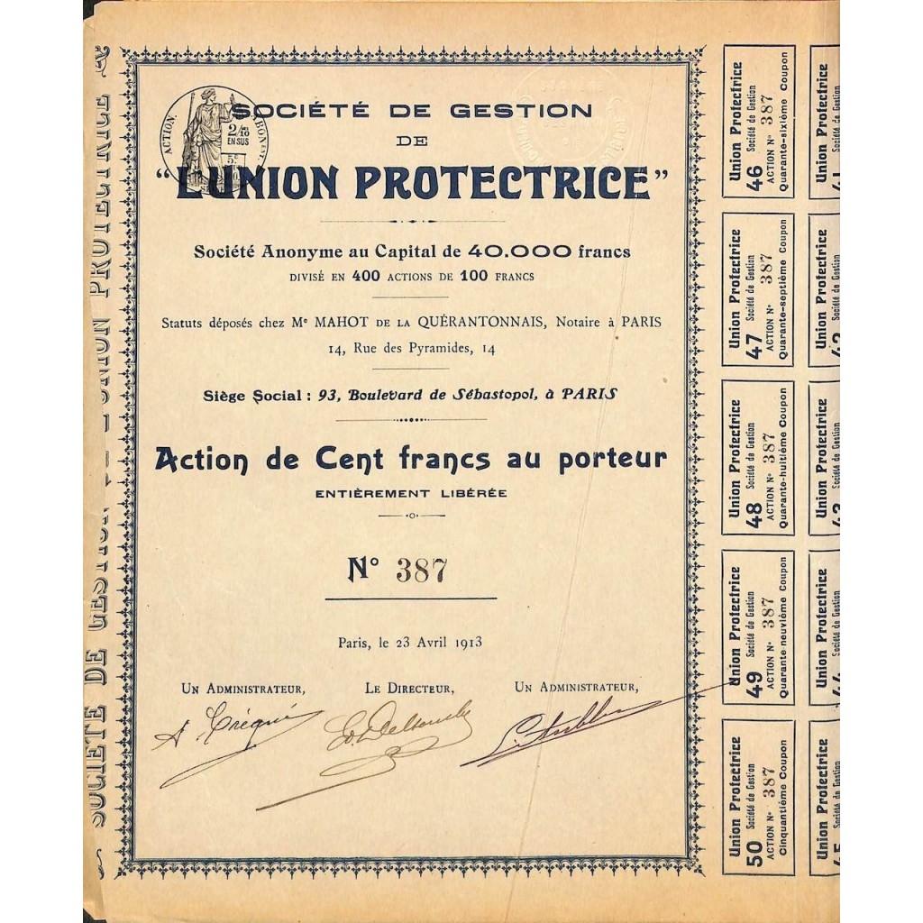 1913 - L'UNION PROTECTRICE SOC. DE GESTION DE