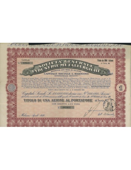 SOC. GENERALE INDUSTRI METALLURGICHE - 1 AZIONE MILANO 1930