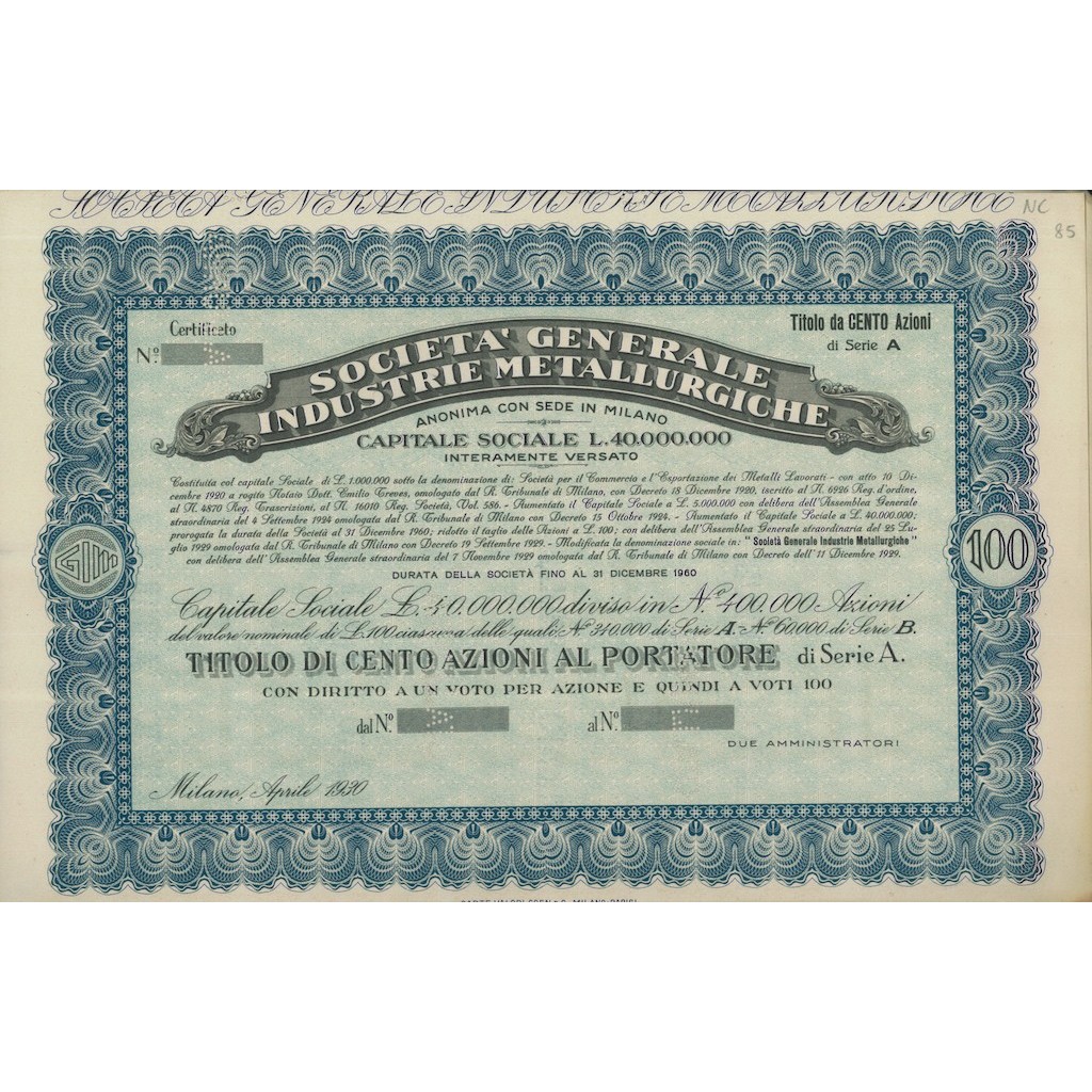 SOC. GENERALE INDUSTRI METALLURGICHE - 100 AZIONI MILANO 1930