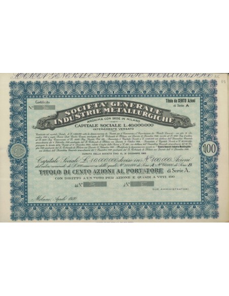SOC. GENERALE INDUSTRI METALLURGICHE - 100 AZIONI MILANO 1930